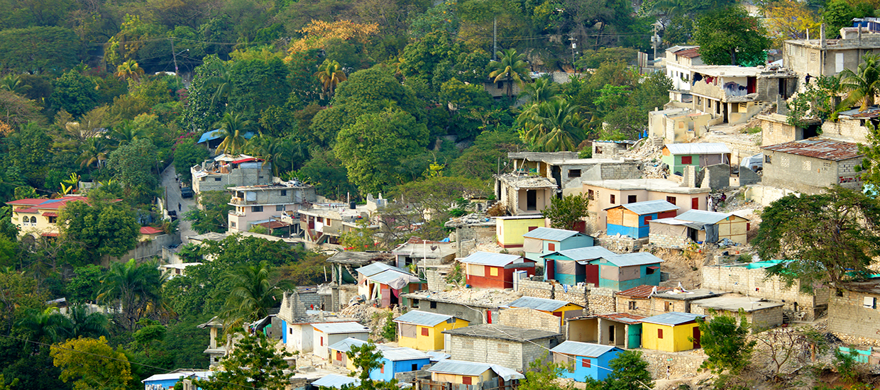 A stock photo of the earthquake aftermath on a hillside community in Haiti.